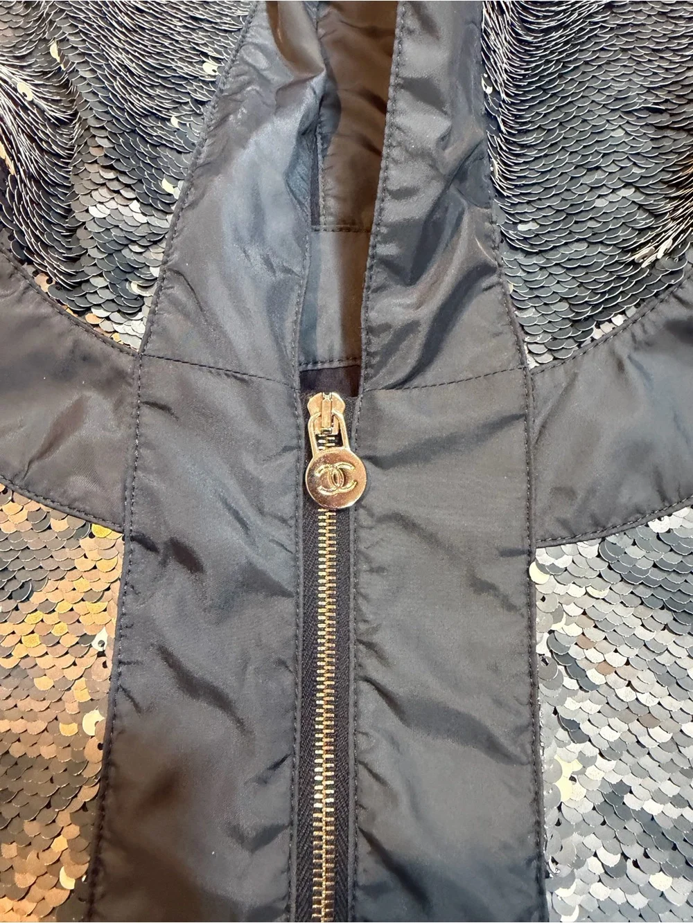 CHANEL Navy Sequin Hooded Zip Jacket with Silver Accents - Picture 6 of 9